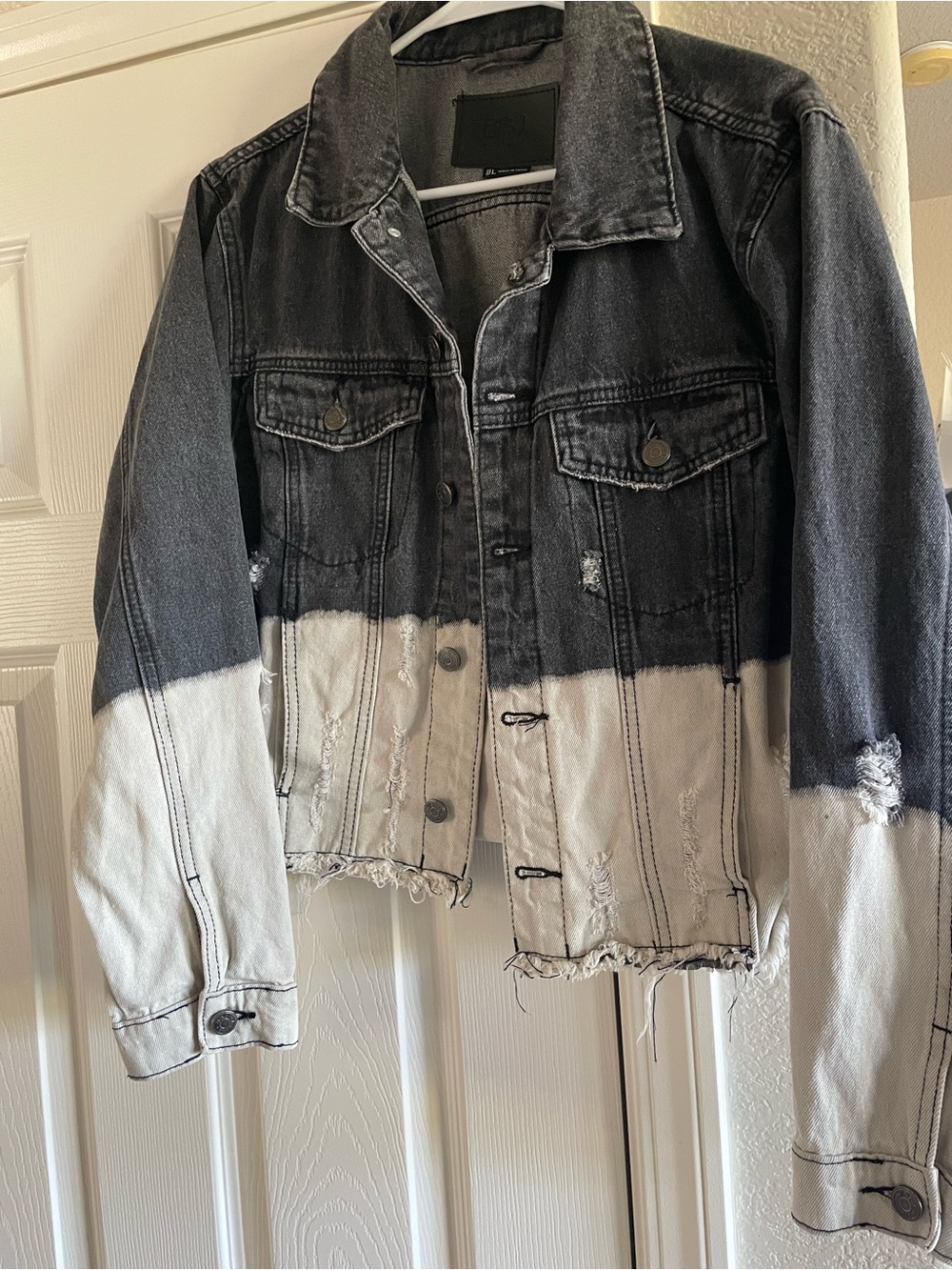 Women's Two-Tone Distressed Denim Jacket - Black & White
